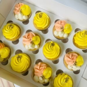 lemon sponge topped with lemon vanilla buttercream and lemon curd filling