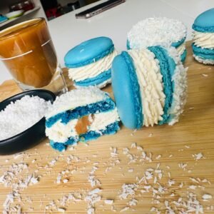 White chocolate ganache with salted caramel filling and coconut shredded